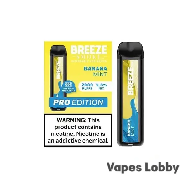 Banana Mint Breeze Pro 2000 Puffs disposable vape with mesh coil and creamy minty flavor