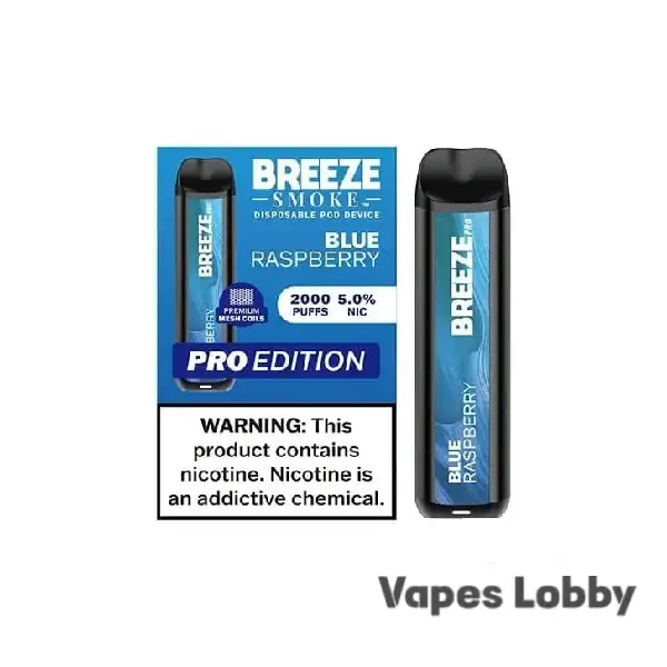 Blue Raspberry Breeze Pro 2000 Puffs disposable vape with mesh coil and tangy berry flavor