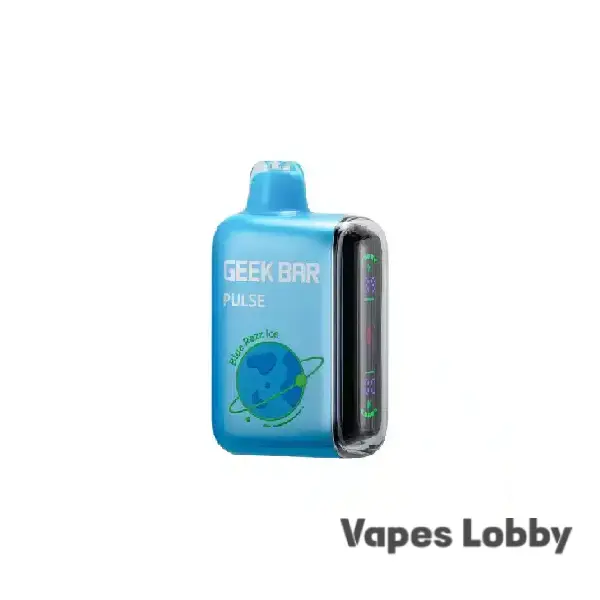 Blue Razz Ice Geek Bar Pulse 15000 disposable vape featuring sweet blue raspberry flavor with an icy finish, Dual Mesh Coil, and Smart Display.