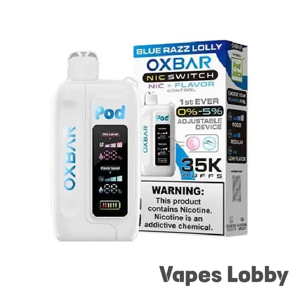 Blue Razz Lolly OXBAR ICE-NIC CONTROL 35K disposable vape featuring a sweet blue raspberry lollipop flavor with customizable nicotine settings.