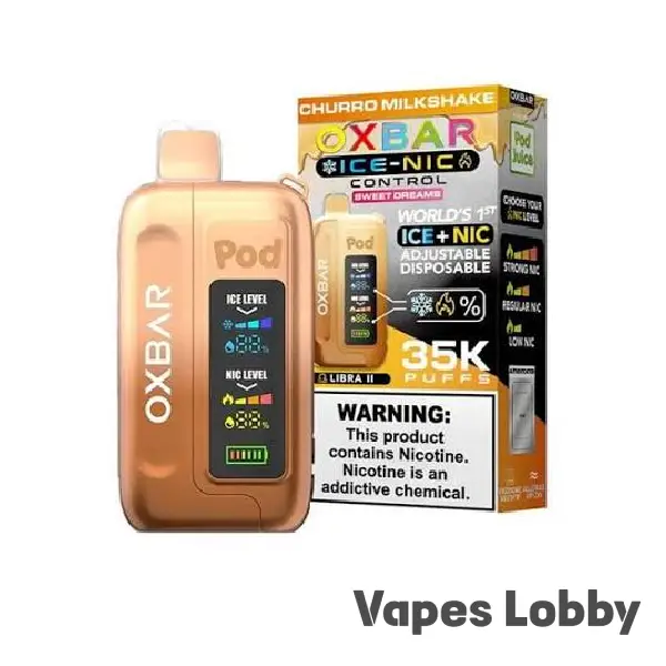 Churro Milkshake OXBAR ICE-NIC CONTROL 35K disposable vape with a rich cinnamon pastry and creamy milkshake flavor profile.