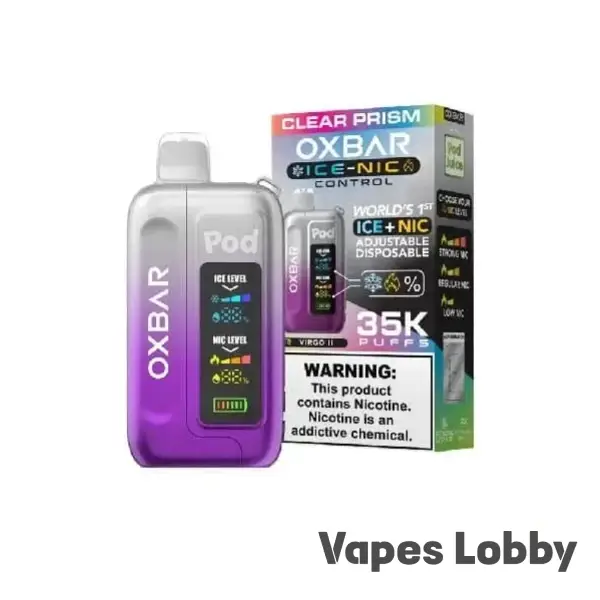 Clear Prism OXBAR ICE-NIC CONTROL 35K disposable vape with a crystal-clear prism finish, adjustable nicotine control, and rechargeable design.