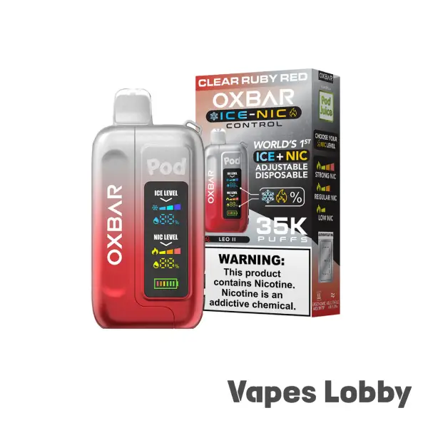 Clear Ruby Red OXBAR ICE-NIC CONTROL 35K disposable vape featuring a transparent ruby red finish with adjustable nicotine control and rechargeable performance.