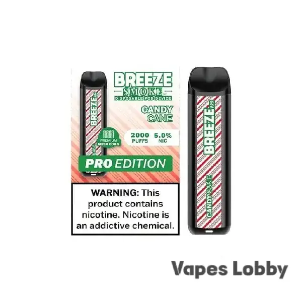 Candy Cane Breeze Pro 2000 Puffs disposable vape with mesh coil and peppermint candy flavor