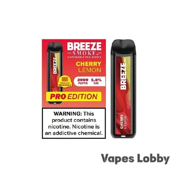 Cherry Lemon Breeze Pro 2000 Puffs disposable vape with mesh coil and tangy cherry citrus flavor
