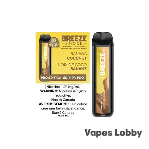 Coconut Banana Breeze Pro 2000 Puffs disposable vape with mesh coil and tropical creamy flavor