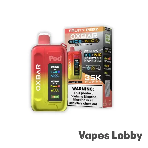 Fruity Pebz OXBAR ICE-NIC CONTROL 35K disposable vape inspired by colorful fruity cereal with adjustable nicotine control.