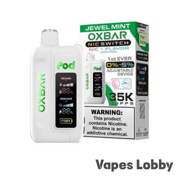 Jewel Mint OXBAR ICE-NIC CONTROL 35K disposable vape with a smooth mint flavor, rechargeable design, and adjustable nicotine control.
