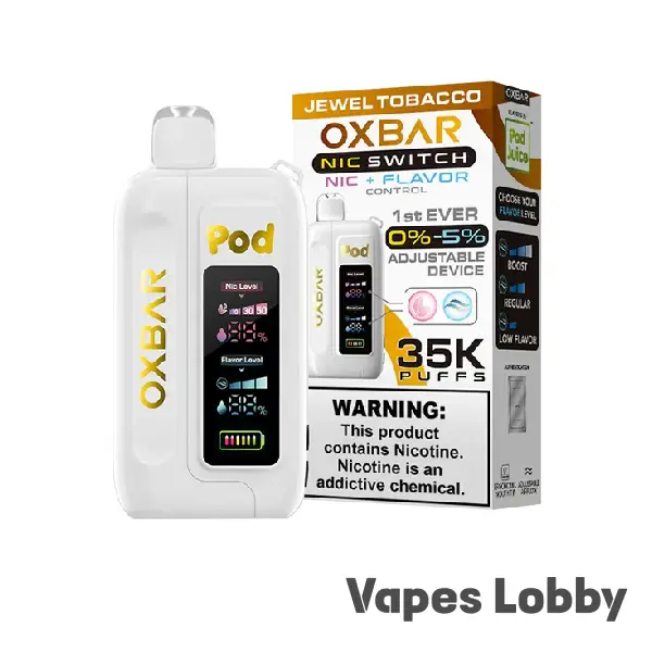 Jewel Tobacco OXBAR ICE-NIC CONTROL 35K disposable vape with a smooth tobacco-inspired flavor, rechargeable battery, and adjustable nicotine control.