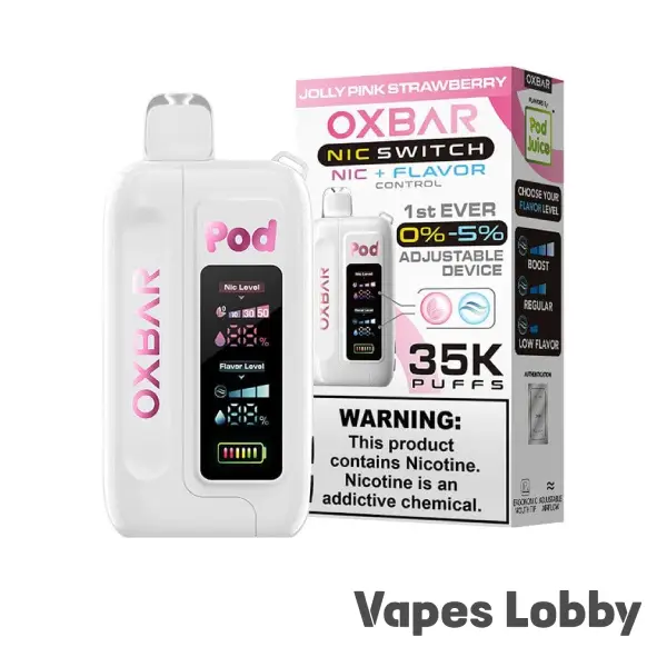 Jolly Pink Strawberry OXBAR ICE-NIC CONTROL 35K disposable vape with sweet strawberry candy flavor, rechargeable battery, and adjustable nicotine control.