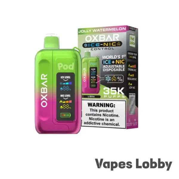 Jolly Watermelon OXBAR ICE-NIC CONTROL 35K disposable vape featuring juicy watermelon candy flavor with rechargeable performance and adjustable nicotine control.