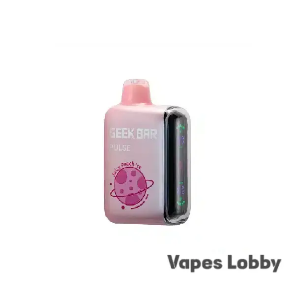 Juicy Peach Ice Geek Bar Pulse 15000 disposable vape featuring sweet peach flavor with an icy finish, Dual Mesh Coil, Smart Display, and rechargeable battery.