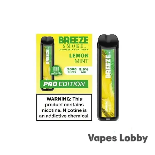 Lemon Mint Breeze Pro 2000 Puffs disposable vape device with citrus mint flavor packaging
