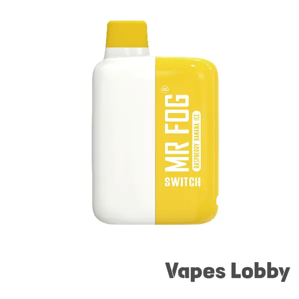 Banana Raspberry Ice flavor Mr Fog Switch 5500 disposable vape packaging on plain background