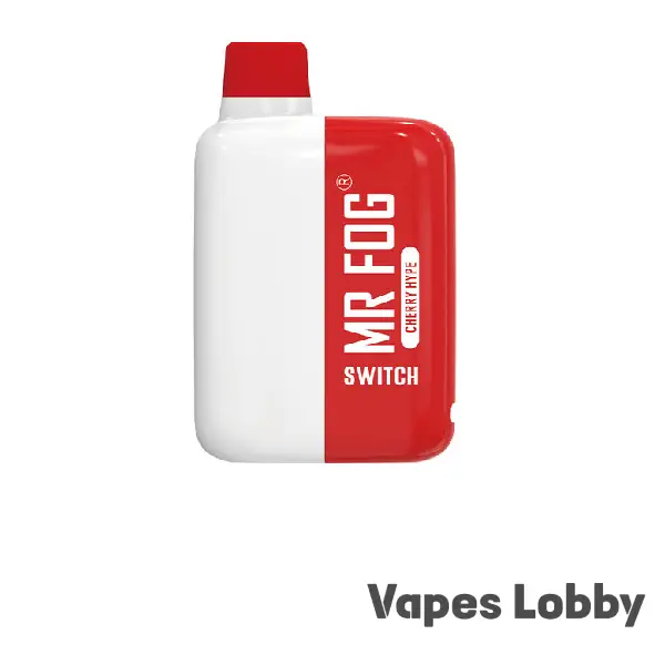 Mr Fog Switch 5500 Cherry Hype disposable vape featuring bold cherry flavor, mesh coil technology, and a rechargeable battery.