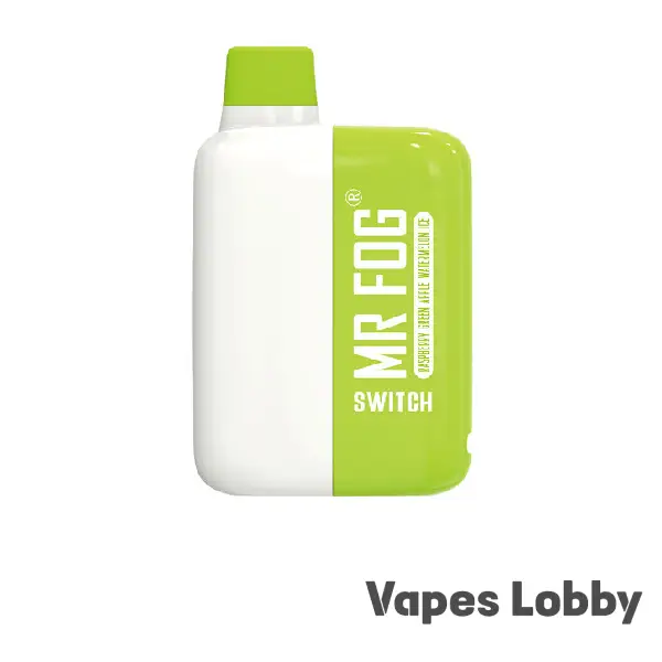 Mr Fog Switch 5500 Green Apple Raspberry Watermelon Ice disposable vape featuring green apple, raspberry, watermelon, and icy cooling flavor.
