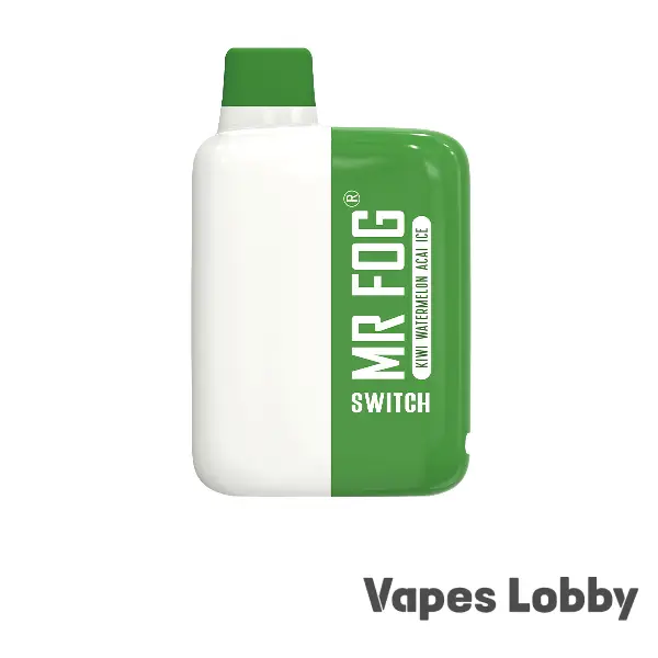 Mr Fog Switch 5500 Kiwi Watermelon Acai Ice disposable vape with kiwi, watermelon, acai berry, mesh coil, and rechargeable battery.