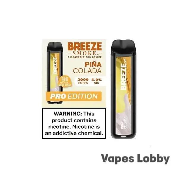 Pina Colada flavor Breeze Pro 2000 Puffs disposable vape packaging on plain background
