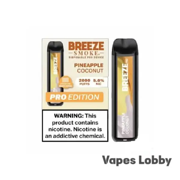 Pineapple Coconut flavor Breeze Pro 2000 Puffs disposable vape packaging displayed upright