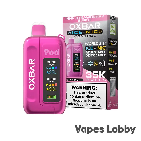 Pink Strawberry Burst OXBAR ICE-NIC CONTROL 35K disposable vape with vibrant strawberry flavor, rechargeable battery, and adjustable nicotine control.