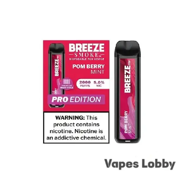 Pom Berry Mint flavor Breeze Pro 2000 Puffs disposable vape packaging on plain background