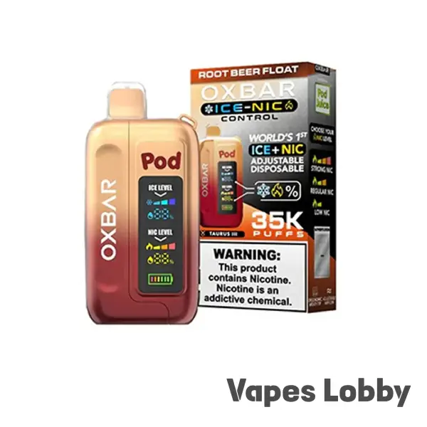Rootbeer Float OXBAR ICE-NIC CONTROL 35K disposable vape featuring creamy root beer float flavor with rechargeable battery and adjustable nicotine control.