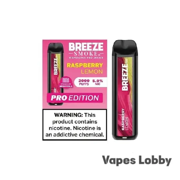 Raspberry Lemon flavor Breeze Pro 2000 Puffs disposable vape packaging on plain background