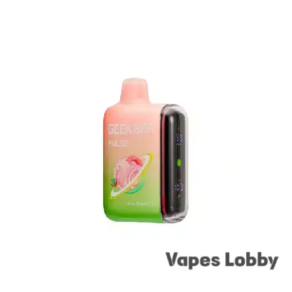 Sour Strawberry Geek Bar Pulse 15000 disposable vape featuring tangy strawberry flavor, Dual Mesh Coil, Smart Display, and rechargeable battery.