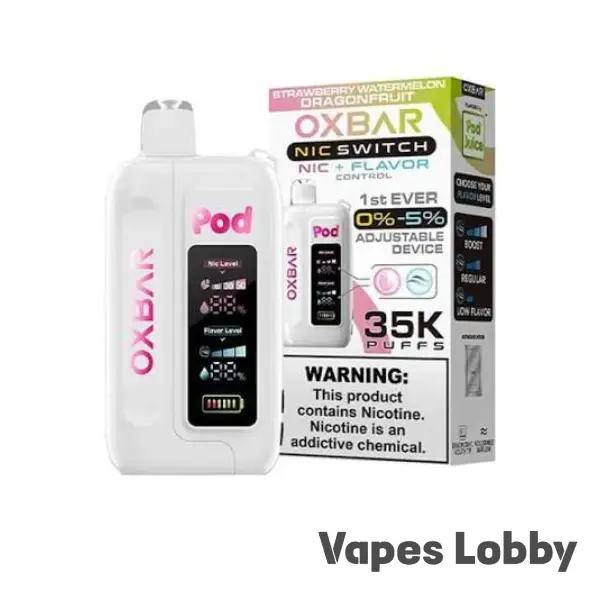 Straw Wtrmln Drgn Frt OXBAR ICE-NIC CONTROL 35K disposable vape blending strawberry, watermelon, and dragon fruit in a premium rechargeable device.