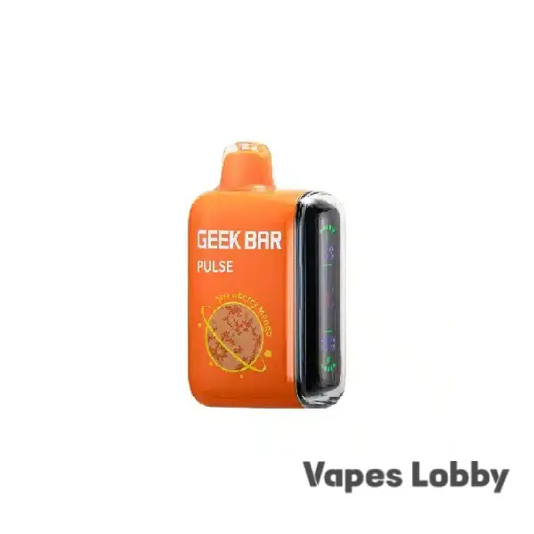 Strawberry Mango Geek Bar Pulse 15000 disposable vape featuring ripe strawberry and tropical mango flavor with Dual Mesh Coil, Smart Display, and rechargeable battery.