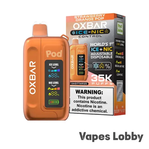 Strawberry Orange Pop OXBAR ICE-NIC CONTROL 35K disposable vape combining sun-ripened strawberries with sparkling orange soda flavor.