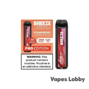 Strawberry Peach Mint flavor Breeze Pro 2000 Puffs disposable vape packaging on plain background