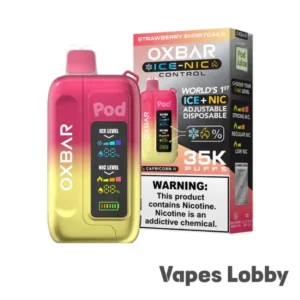 Strawberry Shortcake OXBAR ICE-NIC CONTROL 35K disposable vape with buttery cake, fresh strawberry, and whipped cream-inspired flavor.