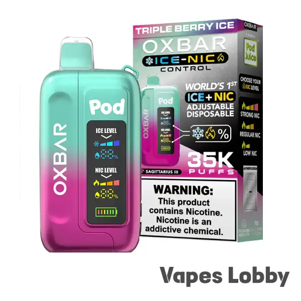 Triple Berry Ice OXBAR ICE-NIC CONTROL 35K disposable vape blending blueberry, strawberry, and raspberry with an icy finish.