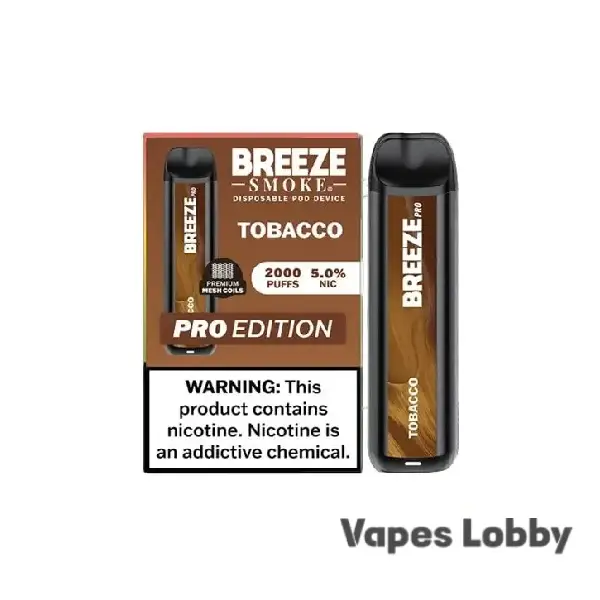 Tobacco flavor Breeze Pro 2000 Puffs disposable vape packaging on plain background