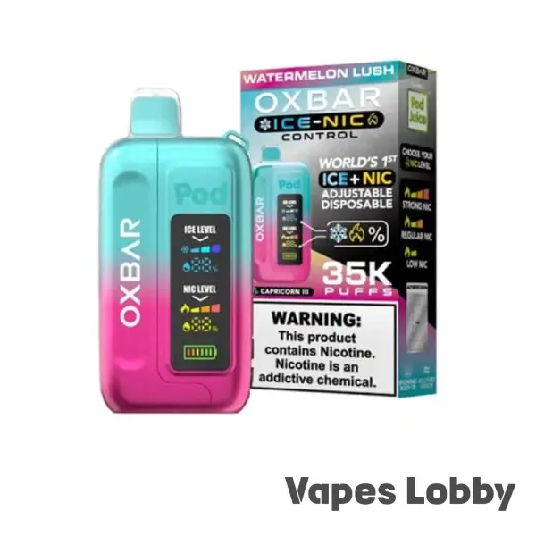 Watermelon Lush OXBAR ICE-NIC CONTROL 35K disposable vape featuring rich watermelon flavor with a cool, refreshing finish.