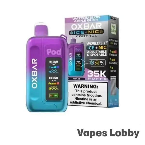 Watermelon Apple Gush OXBAR ICE-NIC CONTROL 35K disposable vape with juicy watermelon, crisp apple, and candy-inspired fruit flavor.