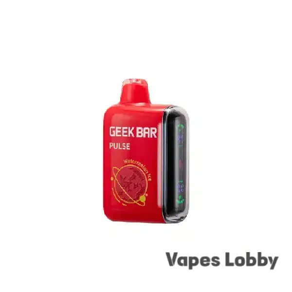 Watermelon Ice Geek Bar Pulse 15000 disposable vape featuring juicy watermelon and icy menthol flavor with Dual Mesh Coil, Smart Display, and rechargeable battery.