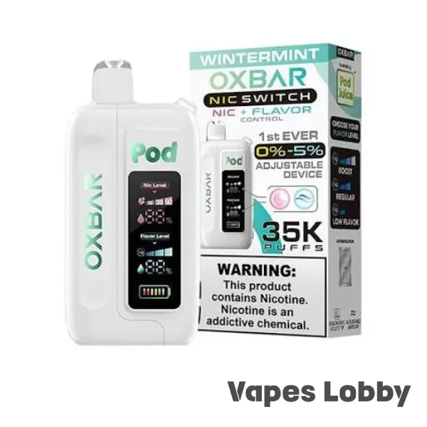 Wintermint OXBAR ICE-NIC CONTROL 35K disposable vape with crisp winter mint flavor, adjustable nicotine control, and rechargeable battery.