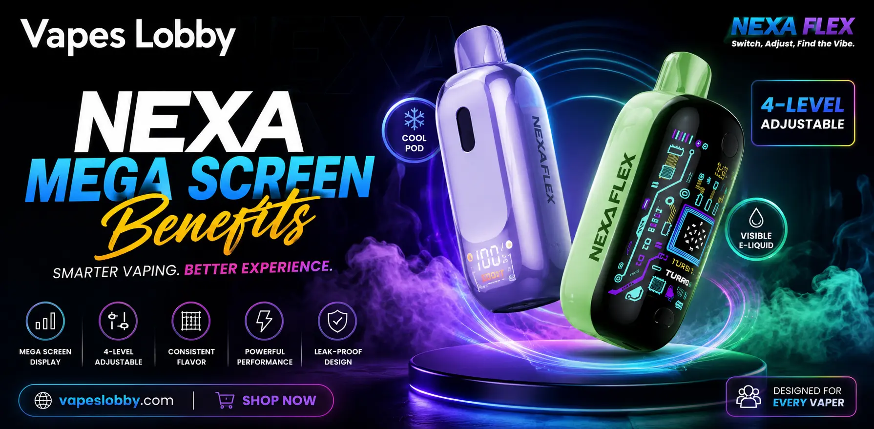 NEXA Mega Screen disposable vape featuring a large smart display and modern design.