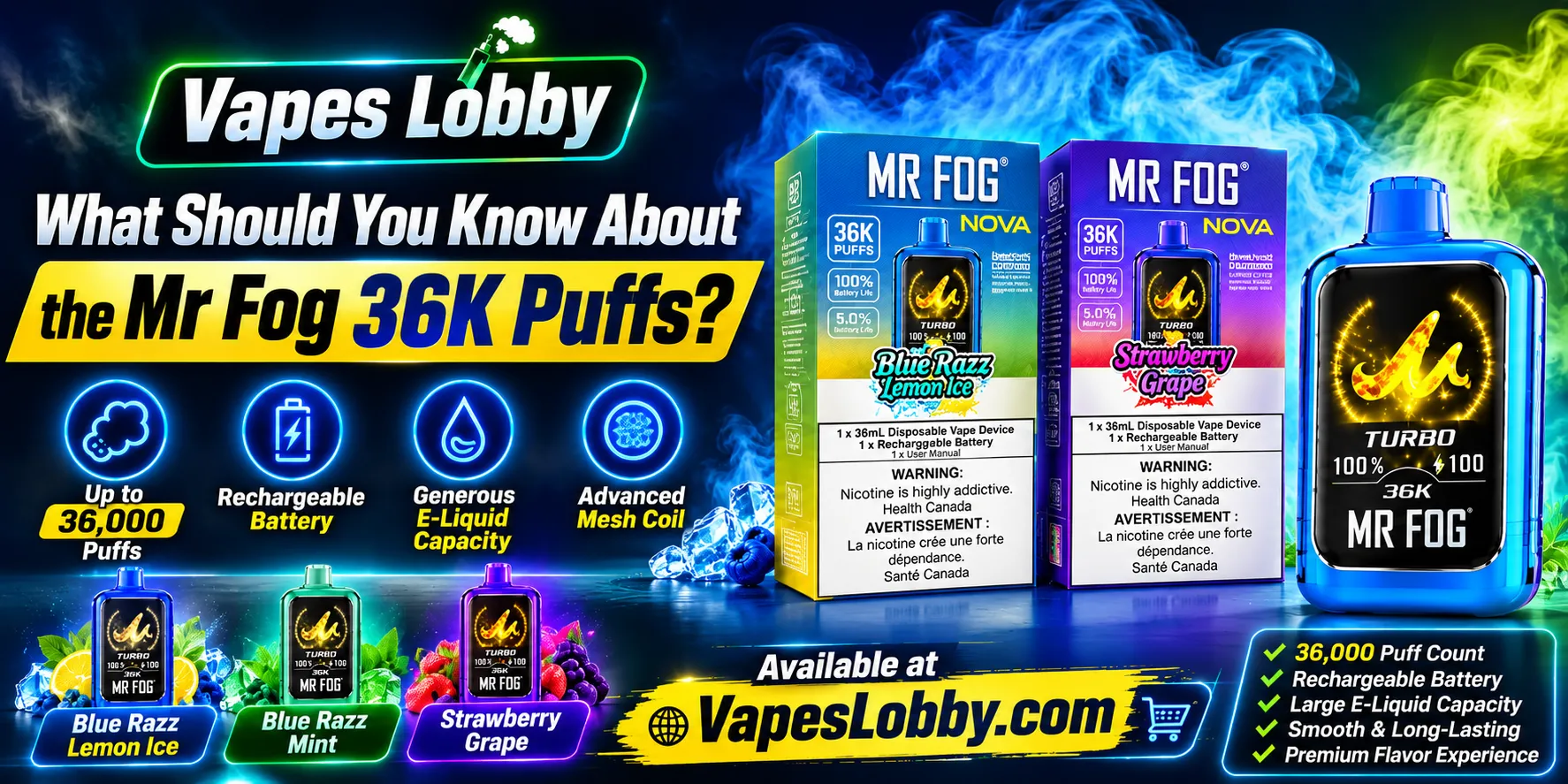 Mr Fog 36K Puffs featuring Blue Razz Lemon Ice, Blue Razz Mint, and Strawberry Grape flavors