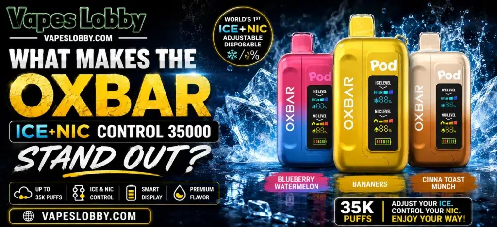 Oxbar Ice Nic Control 35000 featuring Banana, Blueberry Watermelon, and Cinna Toast Munch flavors