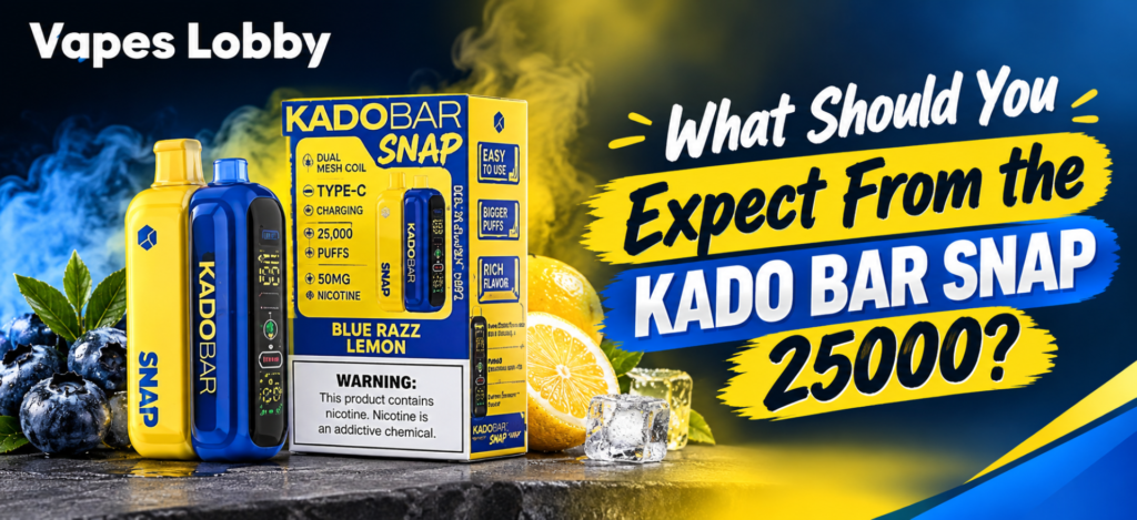 Kado Bar Snap 25000 vape featured image with blue and yellow devices, product packaging, blueberries, lemon, ice, and promotional text.