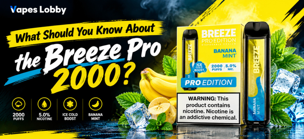 Breeze Pro Edition 2000 puffs disposable vape featuring Banana Mint flavor, 5% nicotine, and Ice Cold Boost, displayed with bananas, mint leaves, and ice.