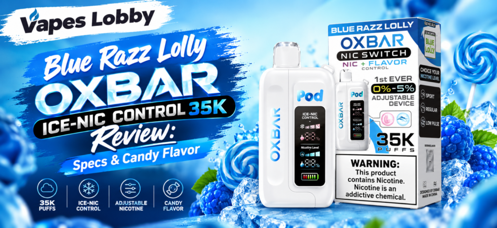 Blue Razz Lolly OXBAR Ice-Nic Control 35K vape review featuring device and packaging