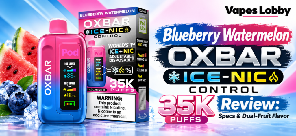 Blueberry Watermelon OXBAR Ice-Nic Control 35K vape review featured image with product, box, blueberries and watermelon.